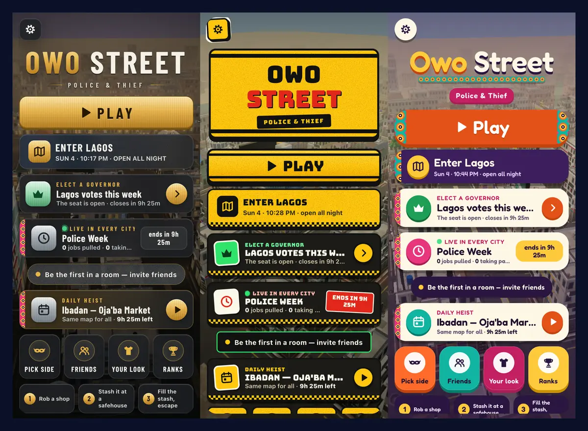 The title screen in three looks: gold Premium, yellow-and-black Danfo, and colourful Naija pop